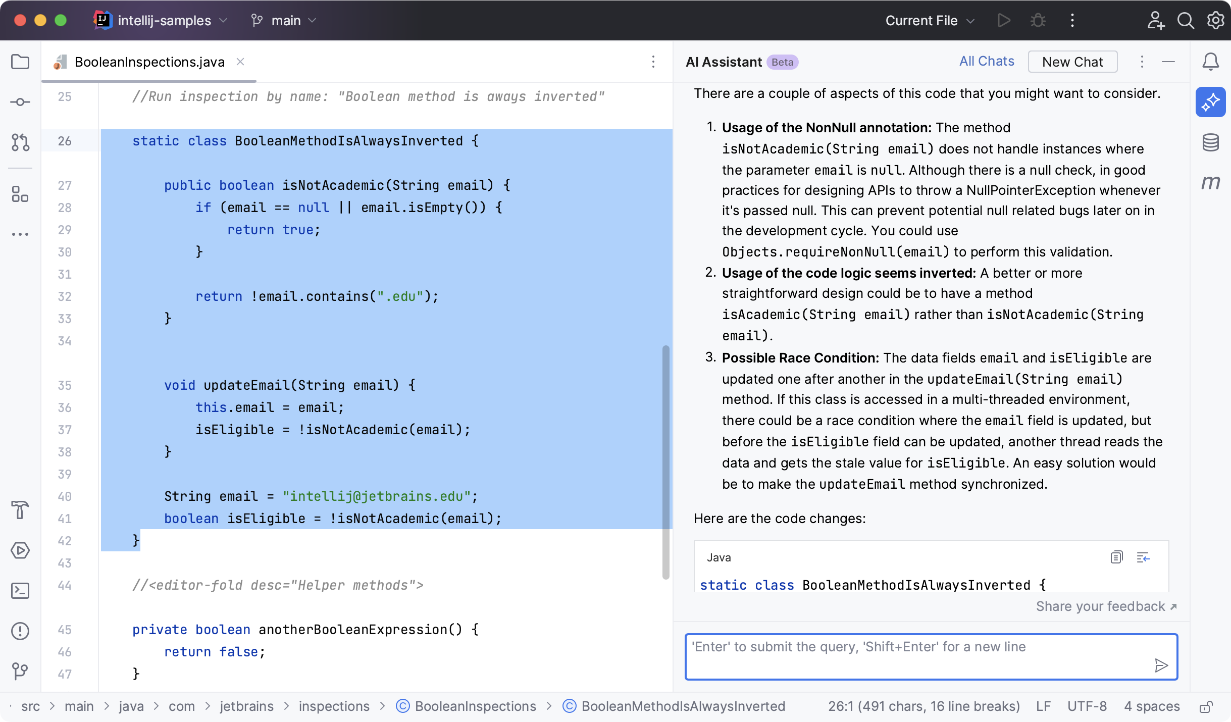 IntelliJ IDEA:AI 助手发现所选代码中的潜在问题 IntelliJ IDEA:AI 助手发现所选代码中的潜在问题