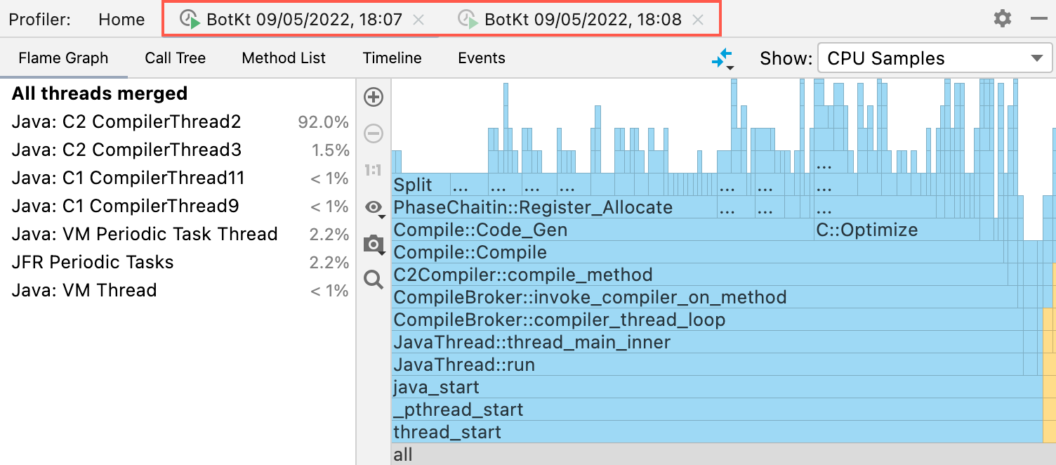 Profiler 工具窗口中的两个打开的选项卡 Profiler 工具窗口中的两个打开的选项卡