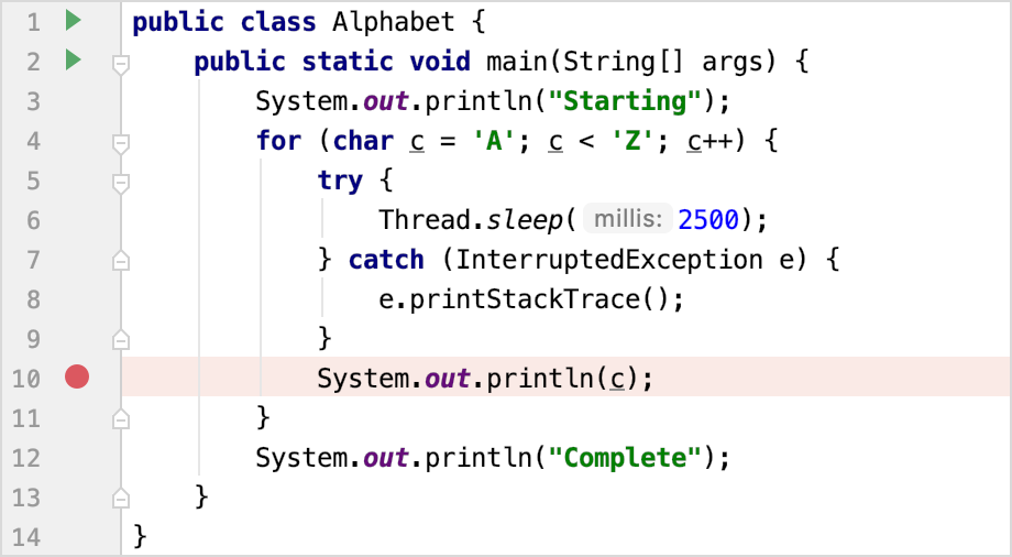 在第 10 行设置行断点 在第 10 行设置行断点