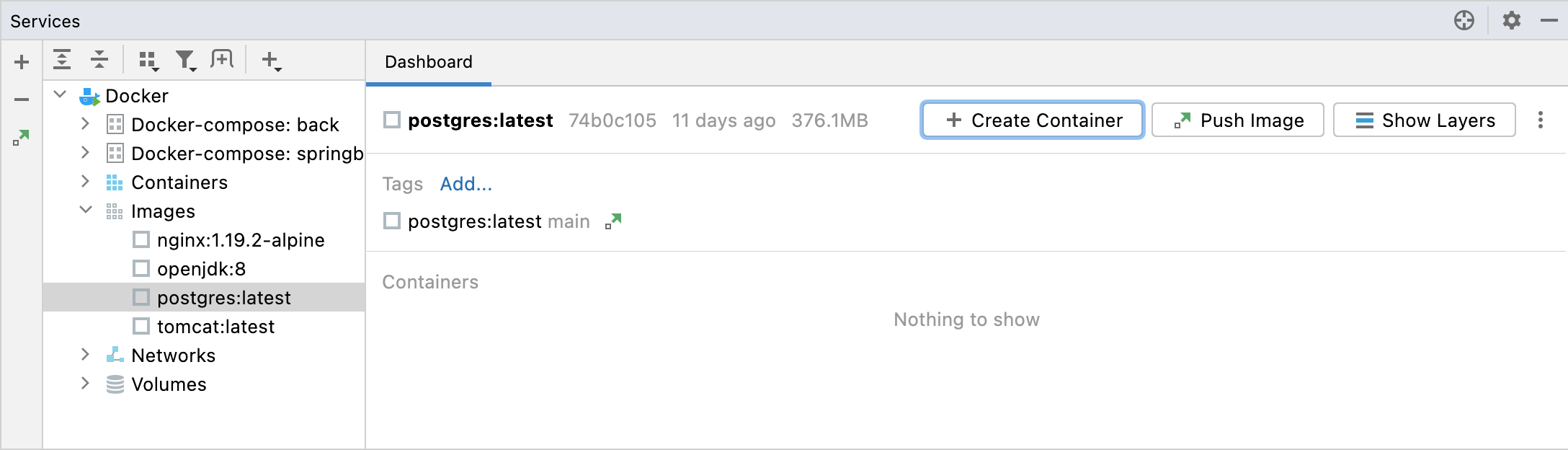 选择 PostgreSQL 镜像并单击创建容器 选择 PostgreSQL 镜像并单击创建容器