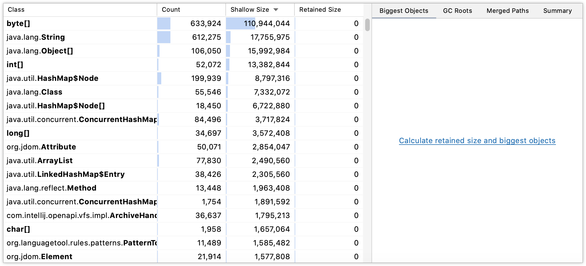 Profiler 工具窗口中显示的内存转储文件 Profiler 工具窗口中显示的内存转储文件