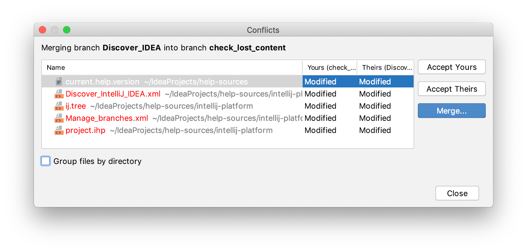 IntelliJ IDEA:VCS 操作冲突对话框 IntelliJ IDEA:VCS 操作冲突对话框