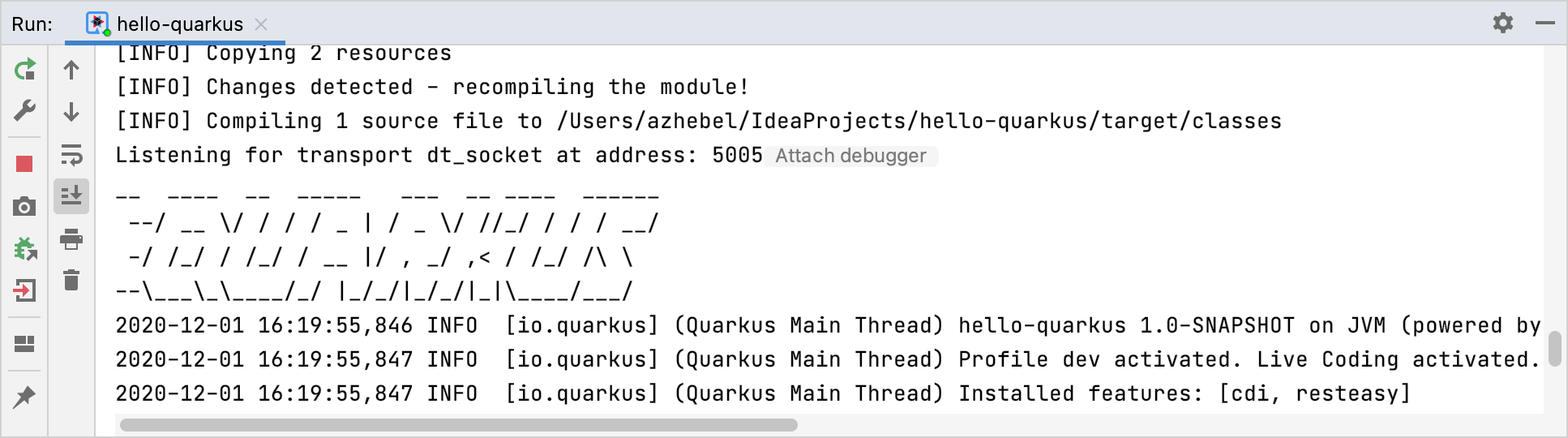 Quarkus 应用程序在“运行”工具窗口中运行 Quarkus 应用程序在“运行”工具窗口中运行