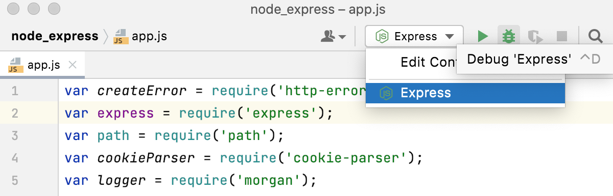 使用运行/调试配置启动 Node.js 调试会话 使用运行/调试配置启动 Node.js 调试会话