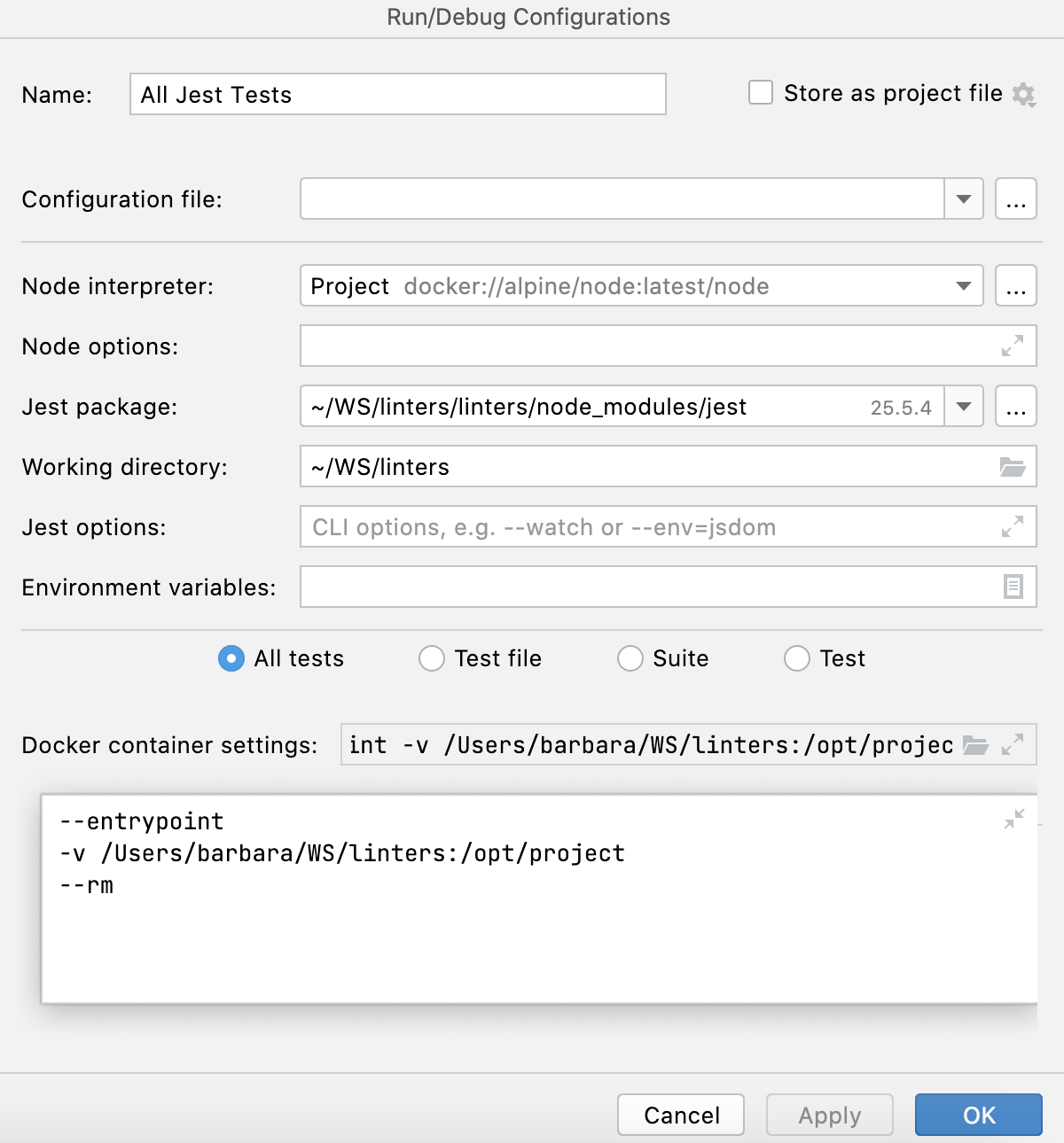 运行/调试配置:Jest。 Docker 容器设置 运行/调试配置:Jest。 Docker 容器设置