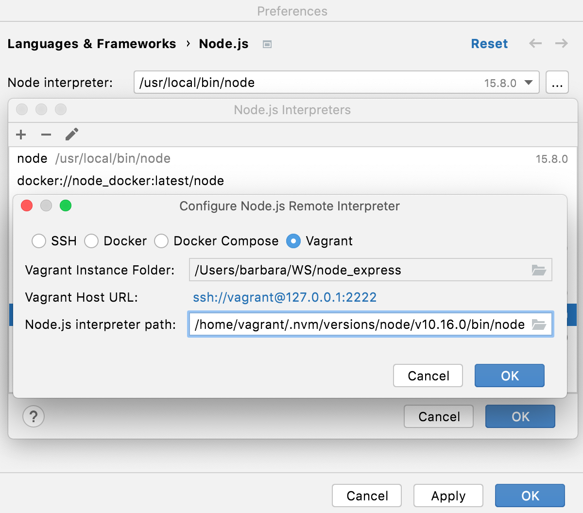 在 Vagrant 环境中配置远程 Node.js 解释器:指定实例文件夹和 Node 可执行文件的位置 在 Vagrant 环境中配置远程 Node.js 解释器:指定实例文件夹和 Node 可执行文件的位置