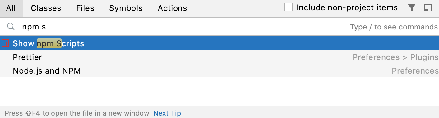 使用 Search Everywhere 打开 npm 工具窗口 使用 Search Everywhere 打开 npm 工具窗口