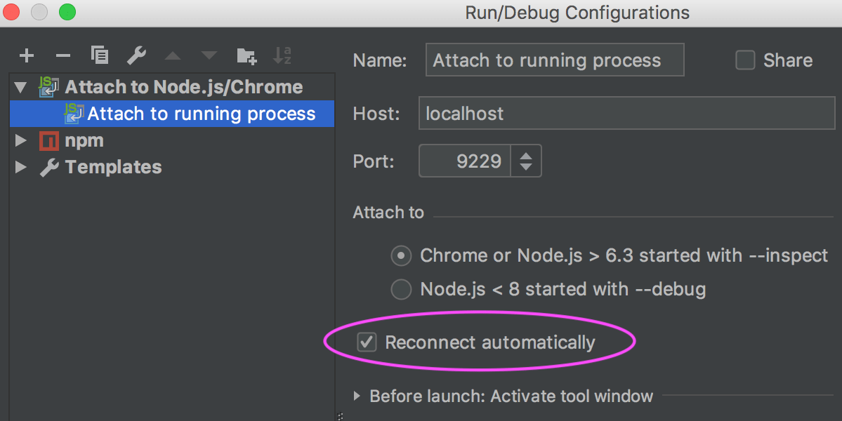 不附加 Node.js 运行配置:选中自动重新连接复选框 不附加 Node.js 运行配置:选中自动重新连接复选框